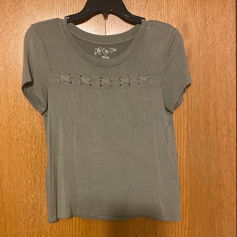 Size Xs -Dark green shirt with criss cross thread detail.